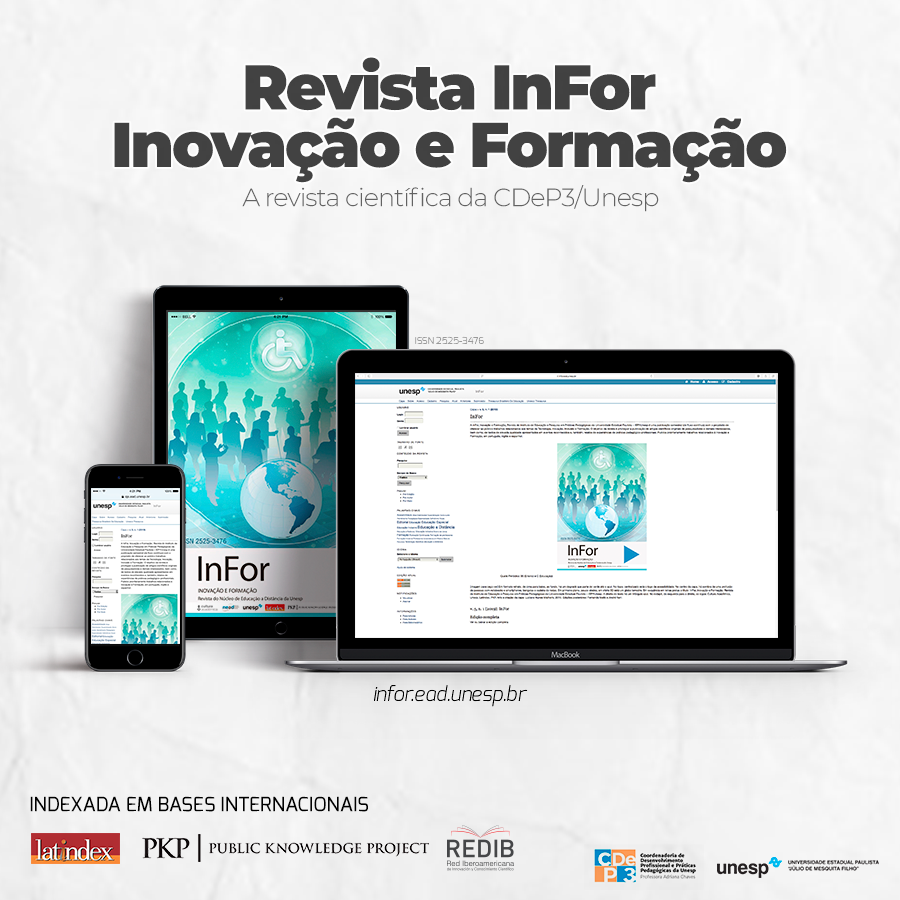 Capa atualizada da revista InFor. Texto no topo Revista InFor Inovação e Formação A revista científica da CDeP3/Unesp. Ao centro imagens de dispositivos exibindo a página.